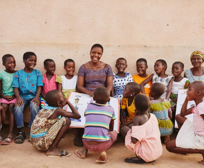 Group of children and adult sit together outside in Ghana